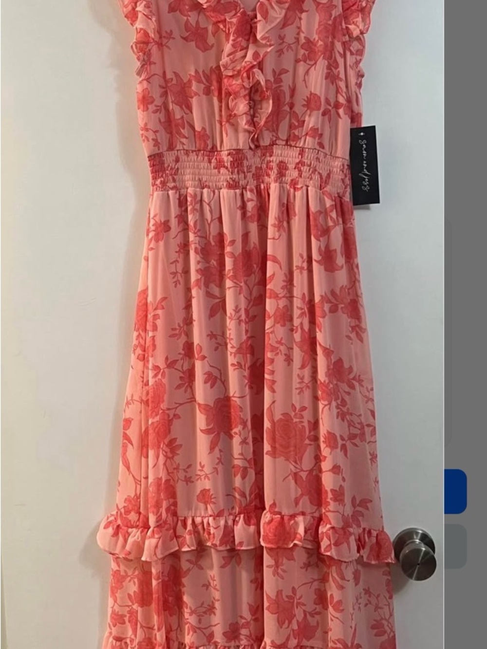 Women's Coral Floral Asymmetrical Maxi Dress with Ruffle Detail